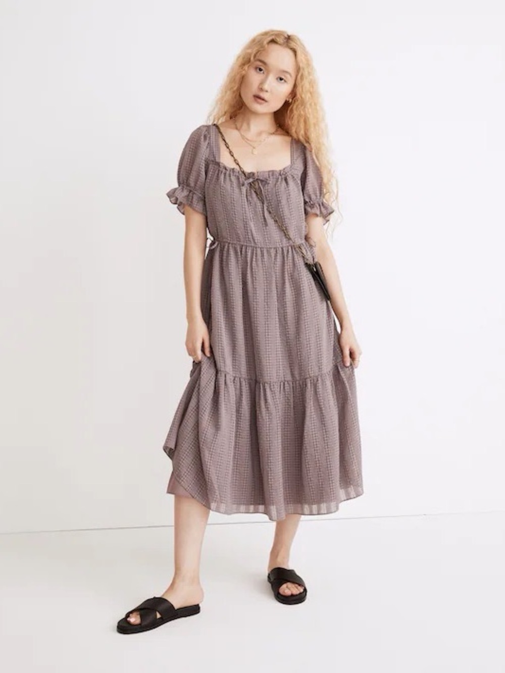 Madewell Square-Neck Tiered Midi Dress in Textured Seersucker - Picture 2 of 16
